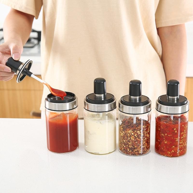 250ml Kitchen Condiment Jar  Glass Seasoning Bottle With Spoon - REVEL.PK