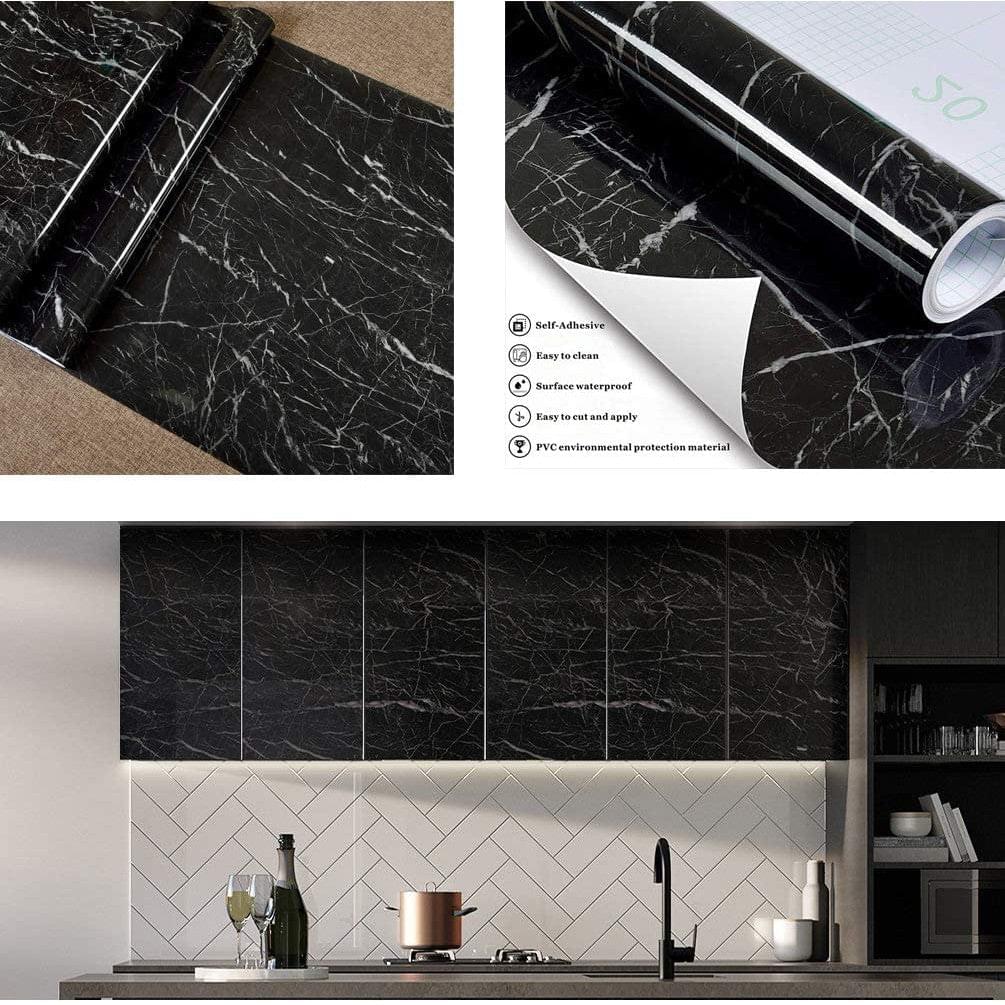 (Pack of 5) Self Adhesive Black Marble Sheet for Kitchen - Waterproof Anti Oil & Heat Resistant Wallpaper Sheet (2 Feet x 6.5 feet) - REVEL.PK