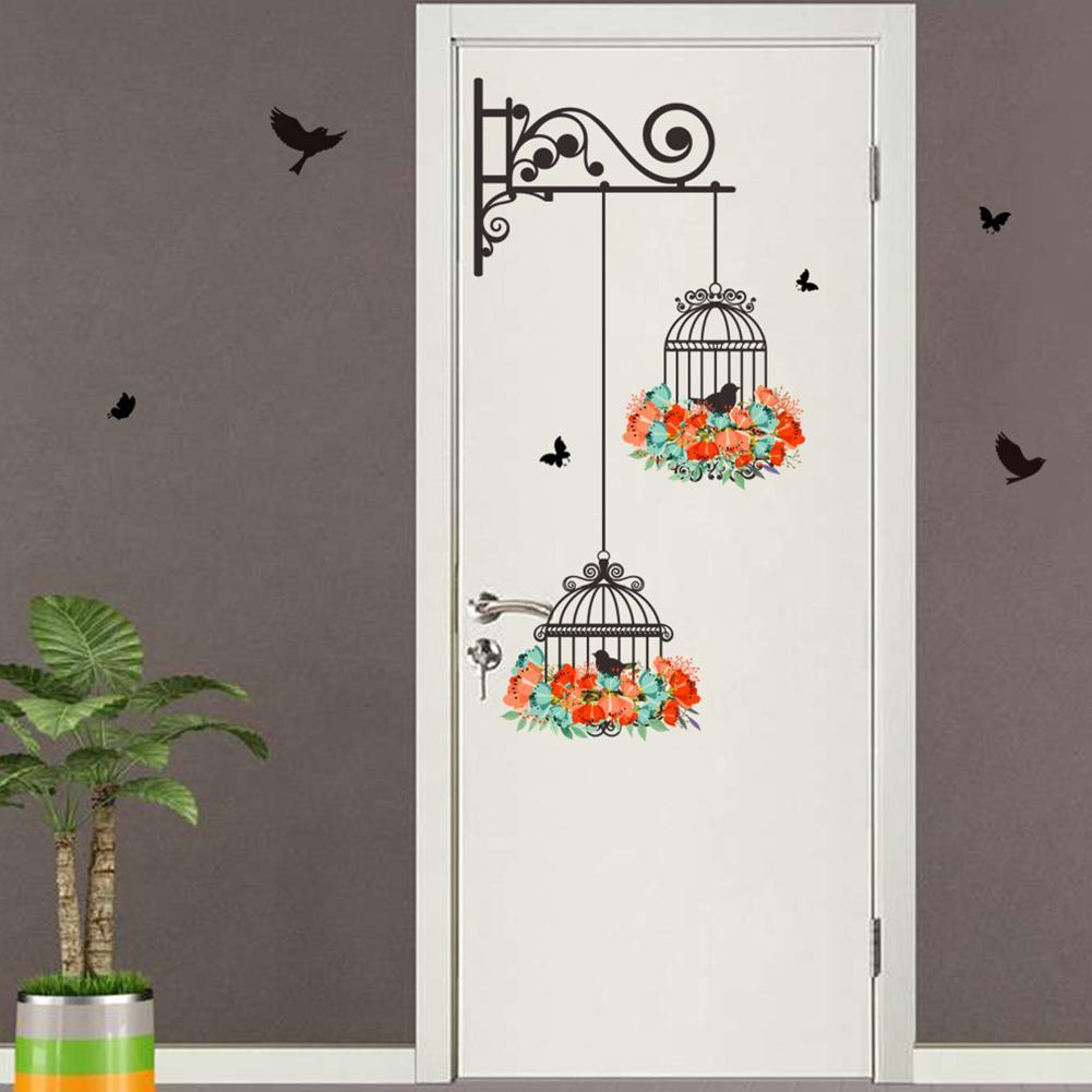 Wall Stickers Hanging Birds Cage with Flowers Self Adhesive Sticker