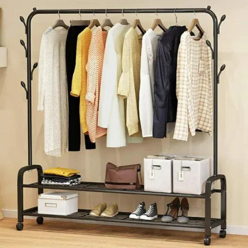 Black Color Clothes Dryer Rack With 2 Layer Shoes Racks Shelves / Removable Coat Dress Hanger Stand With Wheels - REVEL.PK