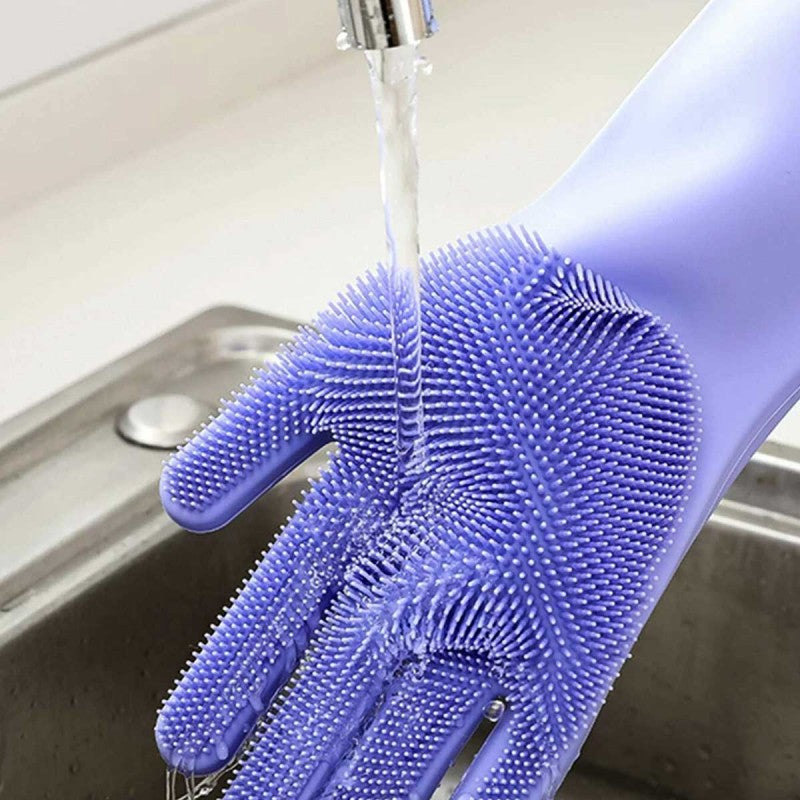 2 Pair (4PCS) Magic Dish washing Gloves with scrubber, Silicone Cleaning Reusable Scrub Gloves for Wash Dish - REVEL.PK