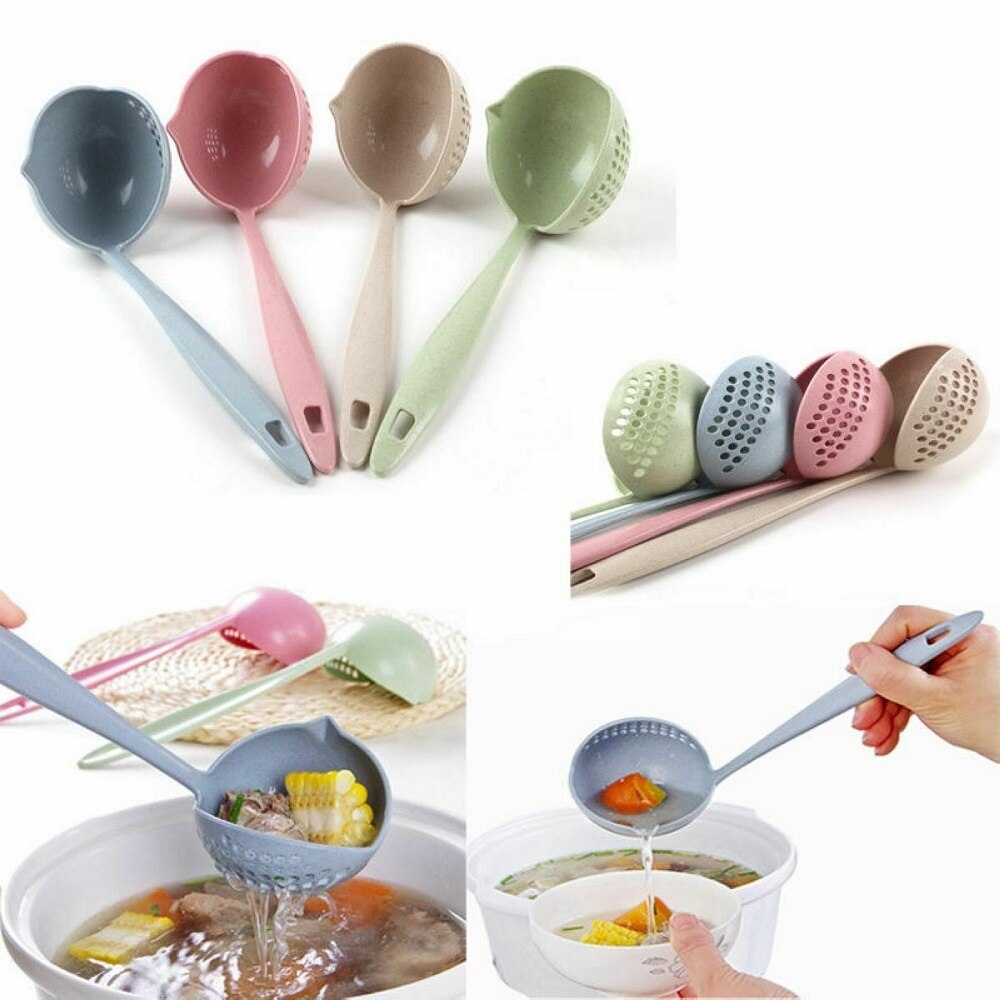 (Pack of 2) 2 In 1 Long Handle Soup Spoon Home Strainer Cooking Colander Kitchen Scoop Plastic Ladle Tableware Sifter - REVEL.PK