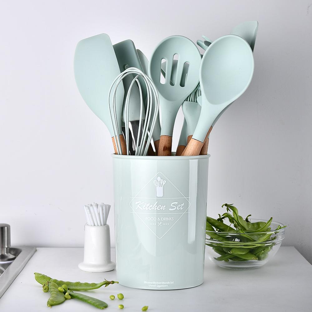 Imported High Quality 12 Pcs Silicone & Heat Resistant Spoons Set with Long Wooden Handle Kitchen Utensils Set - REVEL.PK