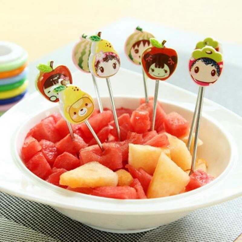 Fruit Fork Food Picks Cartoon Plastic Fruit Dessert Fork (1 holder and 8 forks) - REVEL.PK