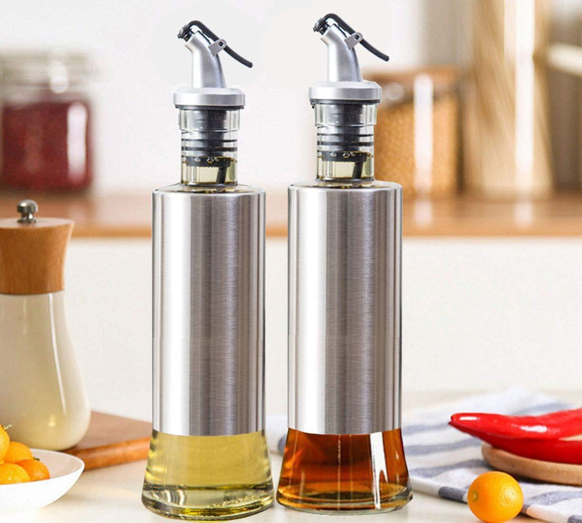 Kitchen Cooking Oil Vinegar Bottle with Dropper Best For Olive oil Usage Glass and Stainless Steel – 300 ml - REVEL.PK