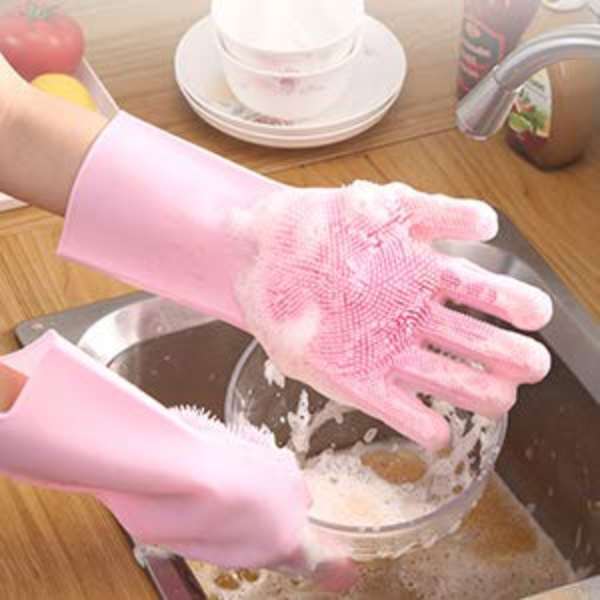 2 Pair (4PCS) Magic Dish washing Gloves with scrubber, Silicone Cleaning Reusable Scrub Gloves for Wash Dish - REVEL.PK