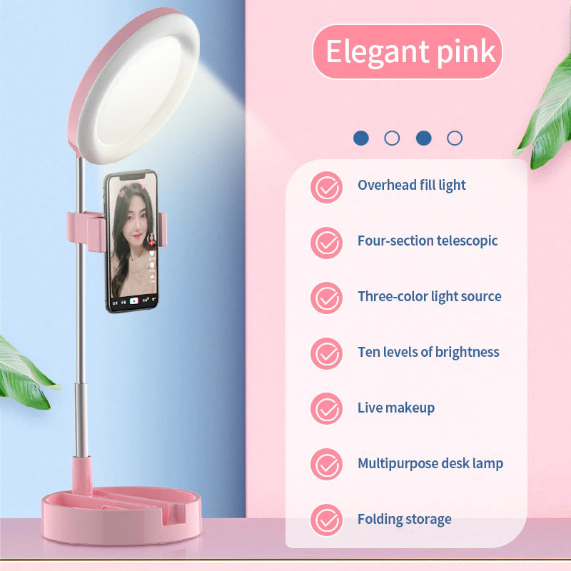 LED Light Adjustable Folding Makeup Mirror with Mobile Holder