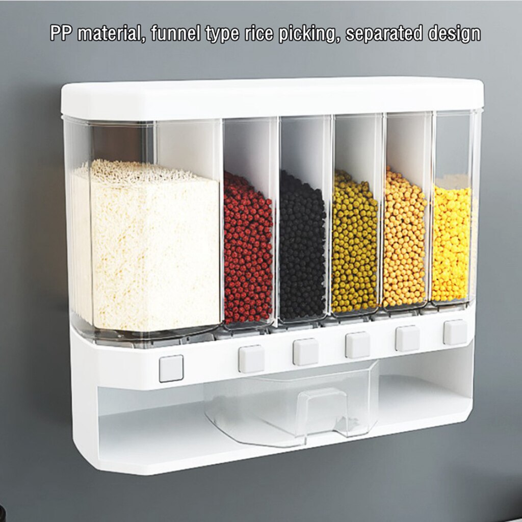 6-Grid Wall Mounted Food Dispenser, Whole Grains Rice Bucket, Large Capacity Storage Dry Food Dispenser - REVEL.PK