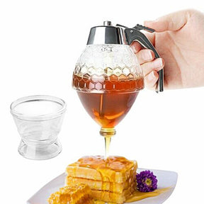 Crystal Glass Honey Dispenser Transparent Honey Storage Bottle Container with Holder - REVEL.PK