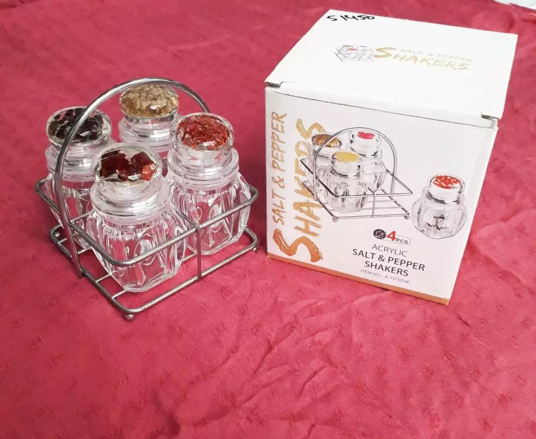 4 Pcs ACRYLIC Kitchen Salt & Pepper Shaker With Stainless Steel Holder - REVEL.PK