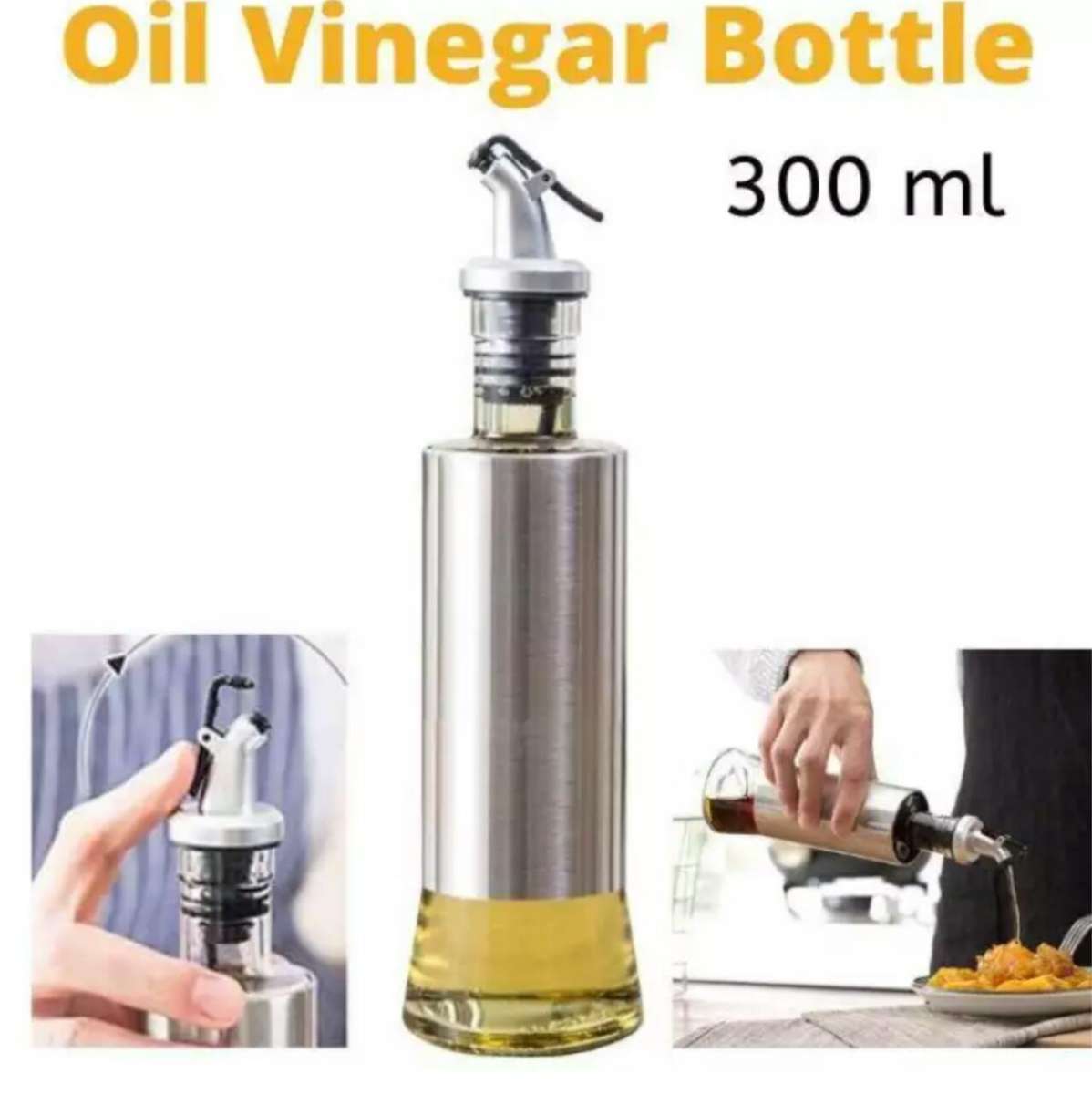 Kitchen Cooking Oil Vinegar Bottle with Dropper Best For Olive oil Usage Glass and Stainless Steel – 300 ml - REVEL.PK