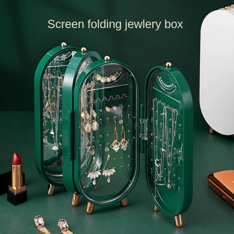 Foldable Jewelry Organizer With Mirror Ear Rings & Necklace_ Hanging Holder Jewelry Box Vanity Hanger Stand - REVEL.PK