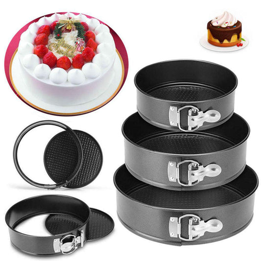 3 Pcs Set Round Shape Cake Pan Mould Teflon Non Stick Baking Can be Used in Microwave Oven Lockable Springform - REVEL.PK