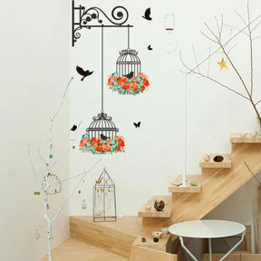 Wall Stickers Hanging Birds Cage with Flowers Self Adhesive Sticker