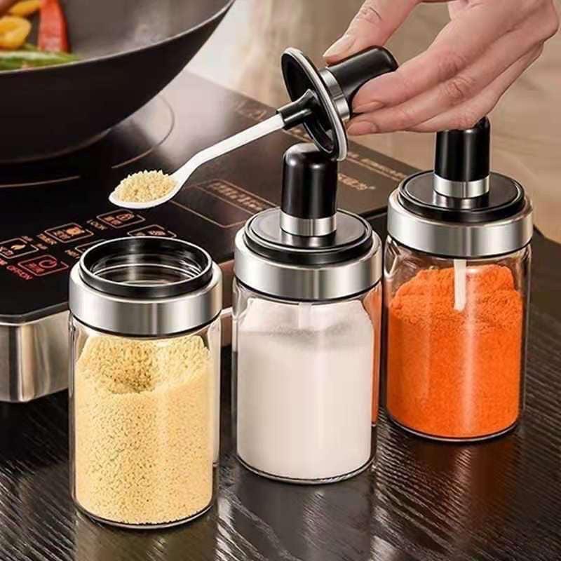 250ml Kitchen Condiment Jar  Glass Seasoning Bottle With Spoon - REVEL.PK