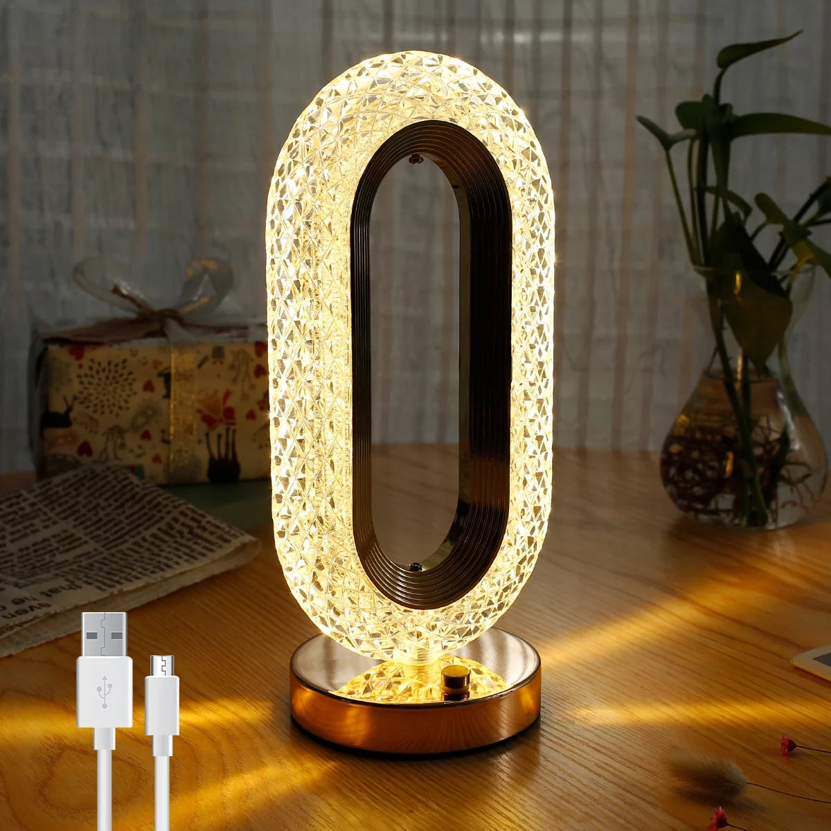 Crystal Table Lamp, Touch Control LED Light with 3 Levels Brightness Rechargeable Small Lamp