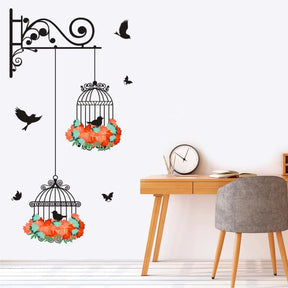 Wall Stickers Hanging Birds Cage with Flowers Self Adhesive Sticker