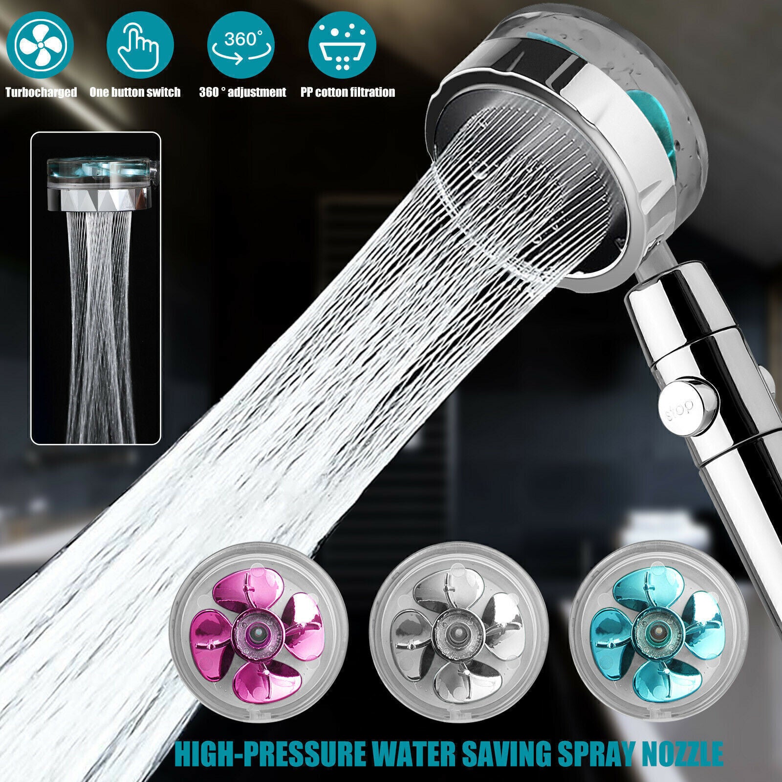 360 Degrees Rotating High Pressure Shower Heads, Handheld Turbo Fan Shower