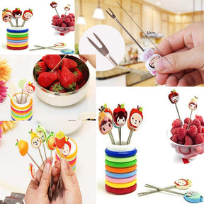 Fruit Fork Food Picks Cartoon Plastic Fruit Dessert Fork (1 holder and 8 forks) - REVEL.PK