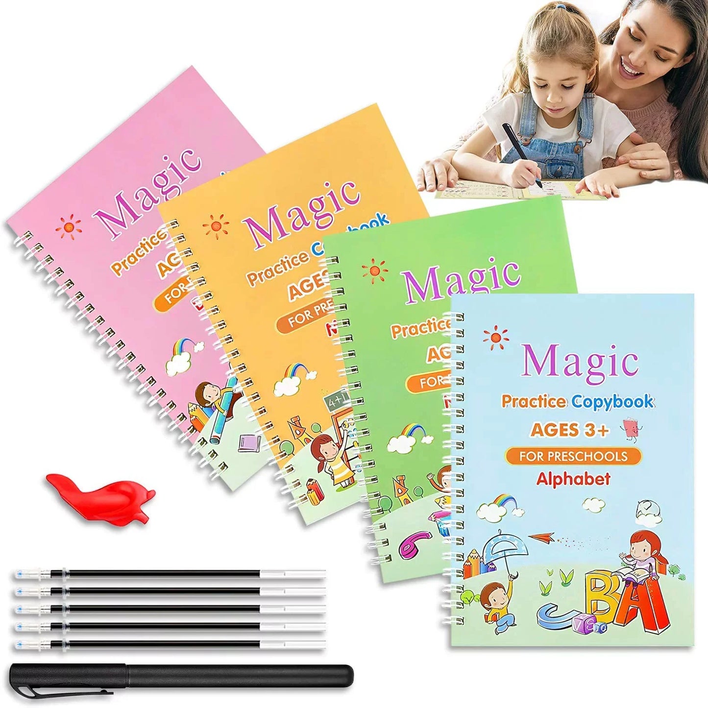 (Pack of 4) Preschools Magic Practice Workbook - Copybook for Kids, Children Reusable Handwriting Practice Copy Books for Letter Writing