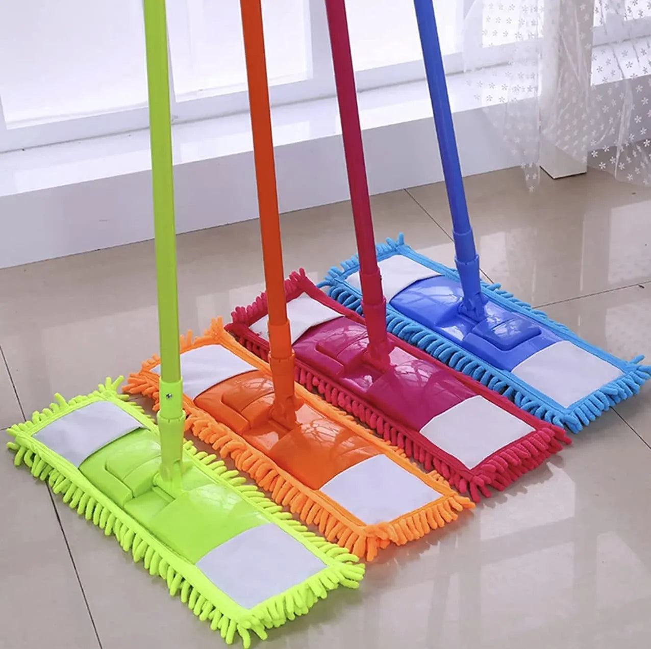 Spin floor mop with adjustable long steel handle, chenille pad dust mop head replacement spin mop