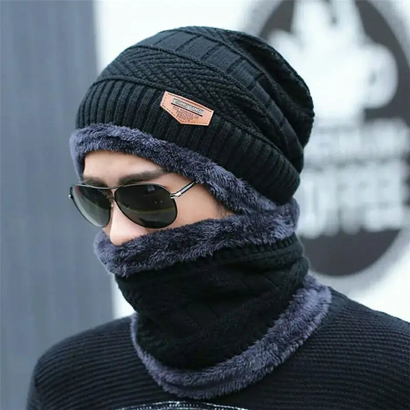 Winter Warm Cap With Neck Warmer Set – Wool Fleece Fur Knitted Beanie For Men & Women - REVEL.PK