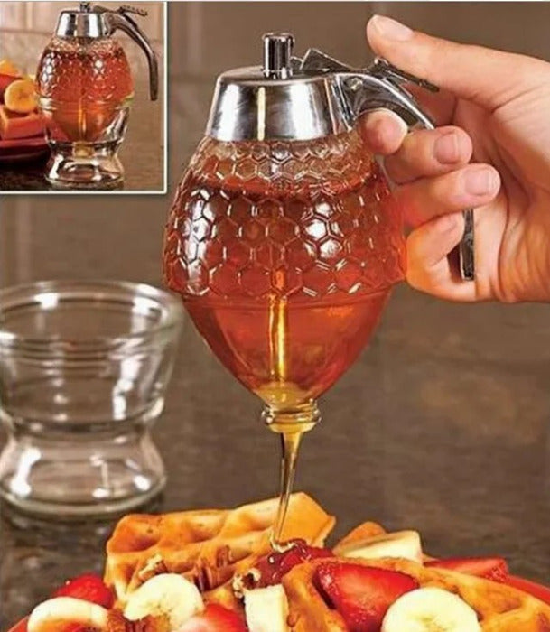 Crystal Glass Honey Dispenser Transparent Honey Storage Bottle Container with Holder - REVEL.PK