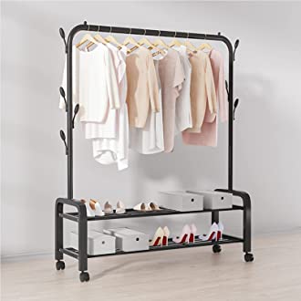 Black Color Clothes Dryer Rack With 2 Layer Shoes Racks Shelves / Removable Coat Dress Hanger Stand With Wheels