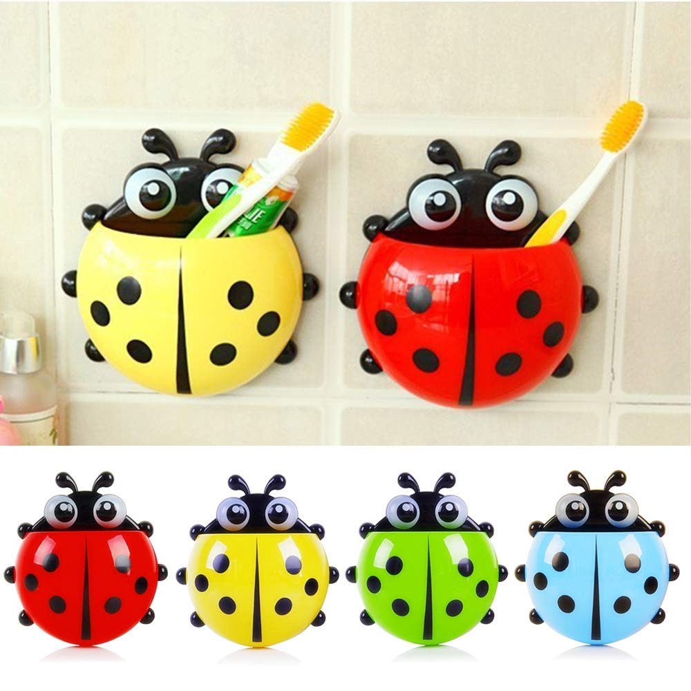 (Pack of 3) Ladybug Wall Toothbrush Holder Storage Toiletries Toothpaste Holders Tooth Brush Container Sticker to Stick (Random Color)