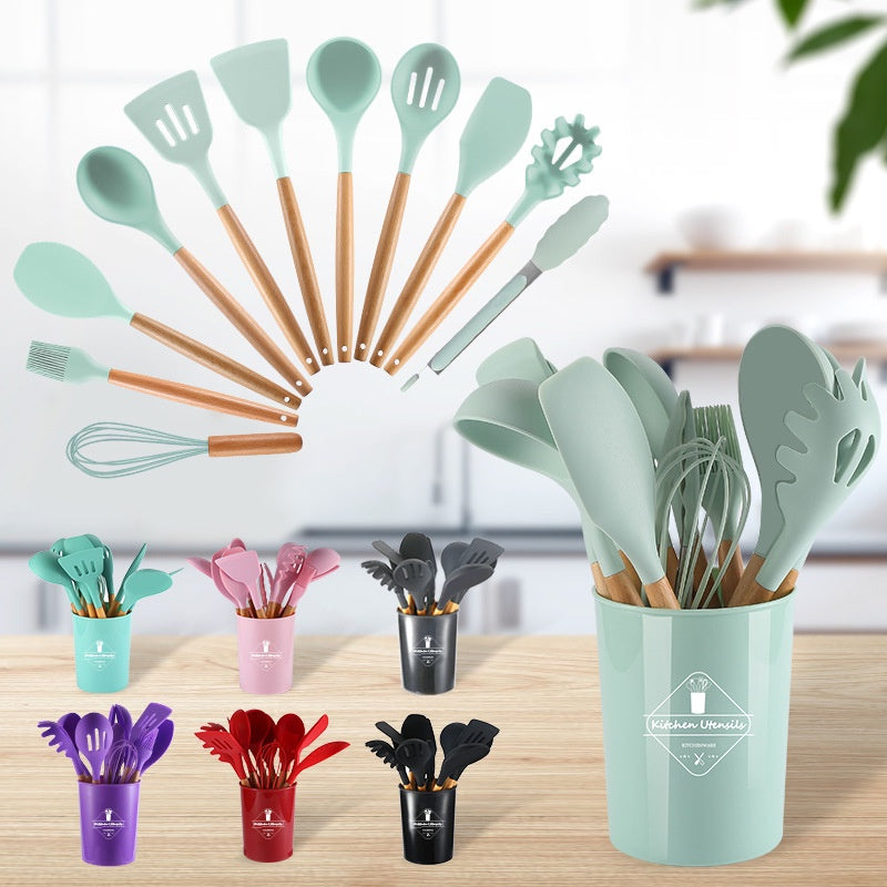 Imported High Quality 12 Pcs Silicone & Heat Resistant Spoons Set with Long Wooden Handle Kitchen Utensils Set