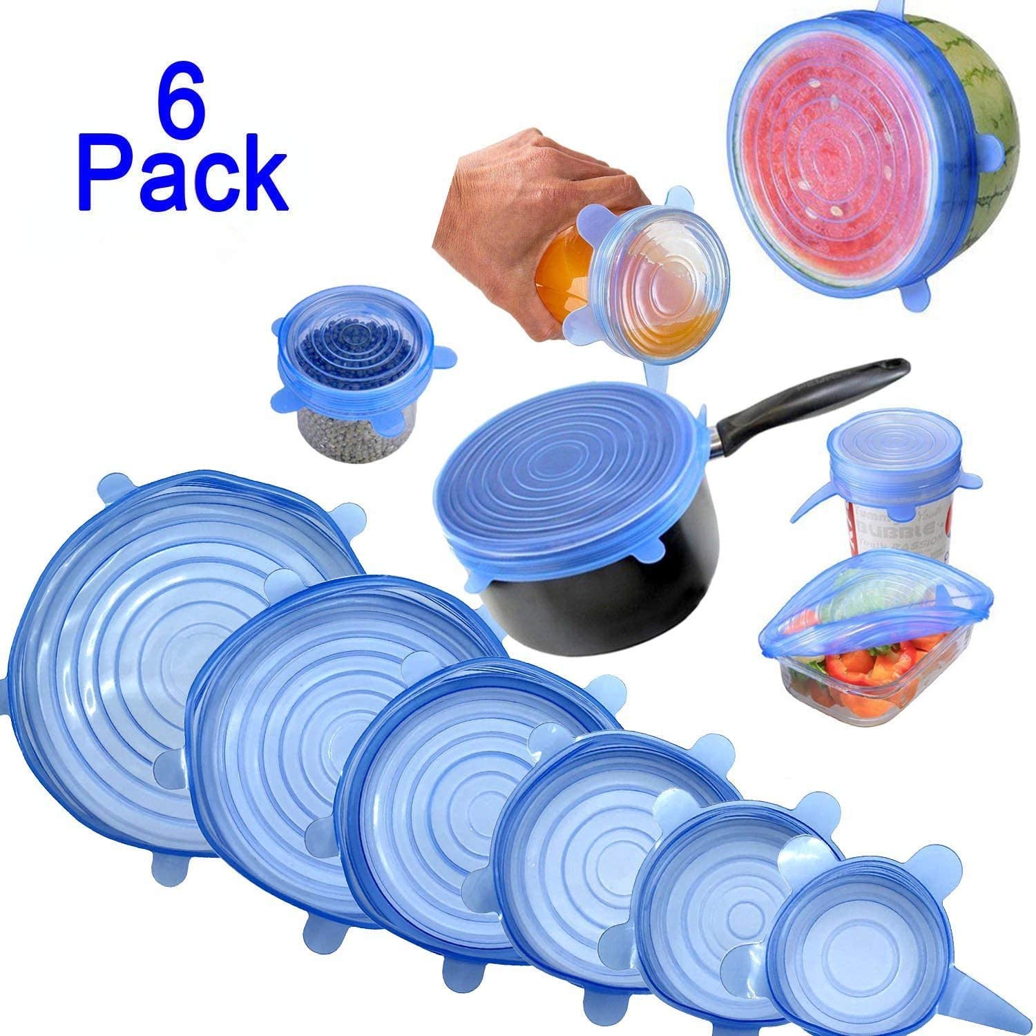 Pack of 6 Stretch Silicone Lids Kitchen Reusable Silicone Stretch Seal Lid for Food Preservation,