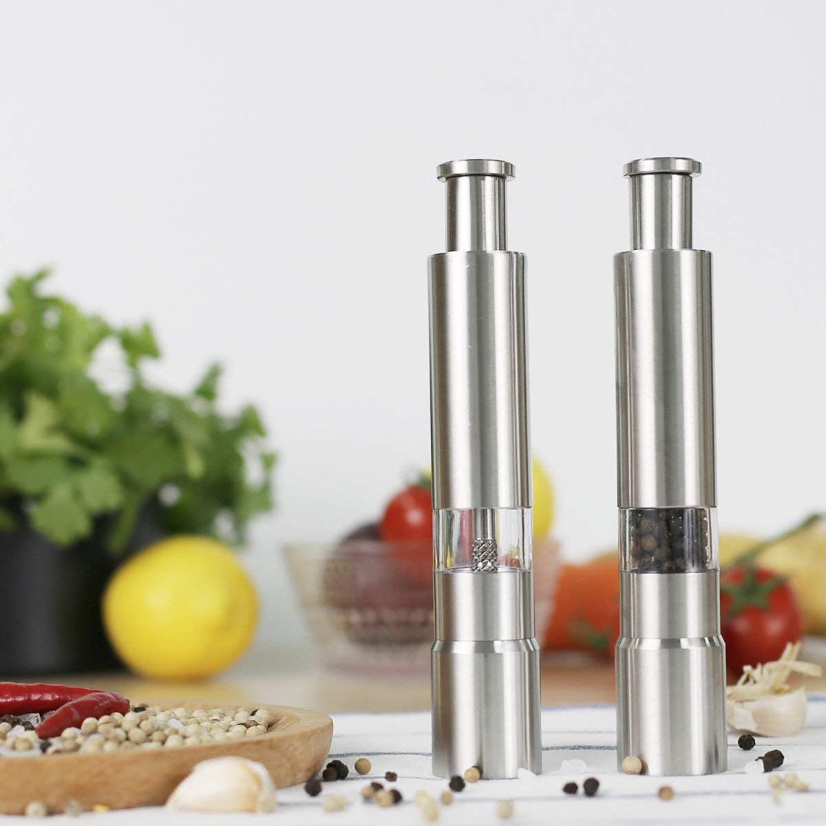 Stainless Steel Mini Pepper Grinder Mill Premium Tall Premium Salt Shaker Push-Button