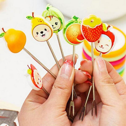 Fruit Fork Food Picks Cartoon Plastic Fruit Dessert Fork (1 holder and 8 forks) - REVEL.PK