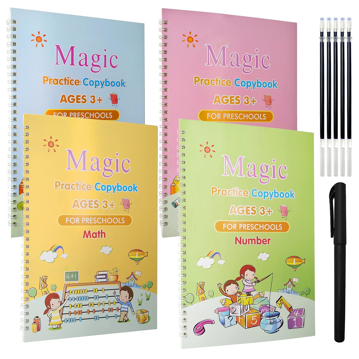 (Pack of 4) Preschools Magic Practice Workbook - Copybook for Kids, Children Reusable Handwriting Practice Copy Books for Letter Writing