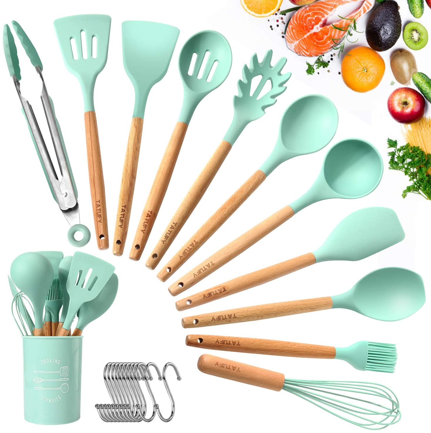 Imported High Quality 12 Pcs Silicone & Heat Resistant Spoons Set with Long Wooden Handle Kitchen Utensils Set - REVEL.PK