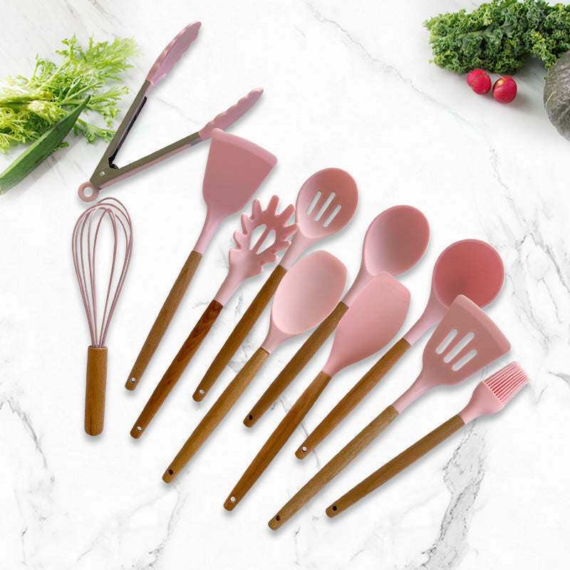 Imported High Quality 12 Pcs Silicone & Heat Resistant Spoons Set with Long Wooden Handle Kitchen Utensils Set - REVEL.PK