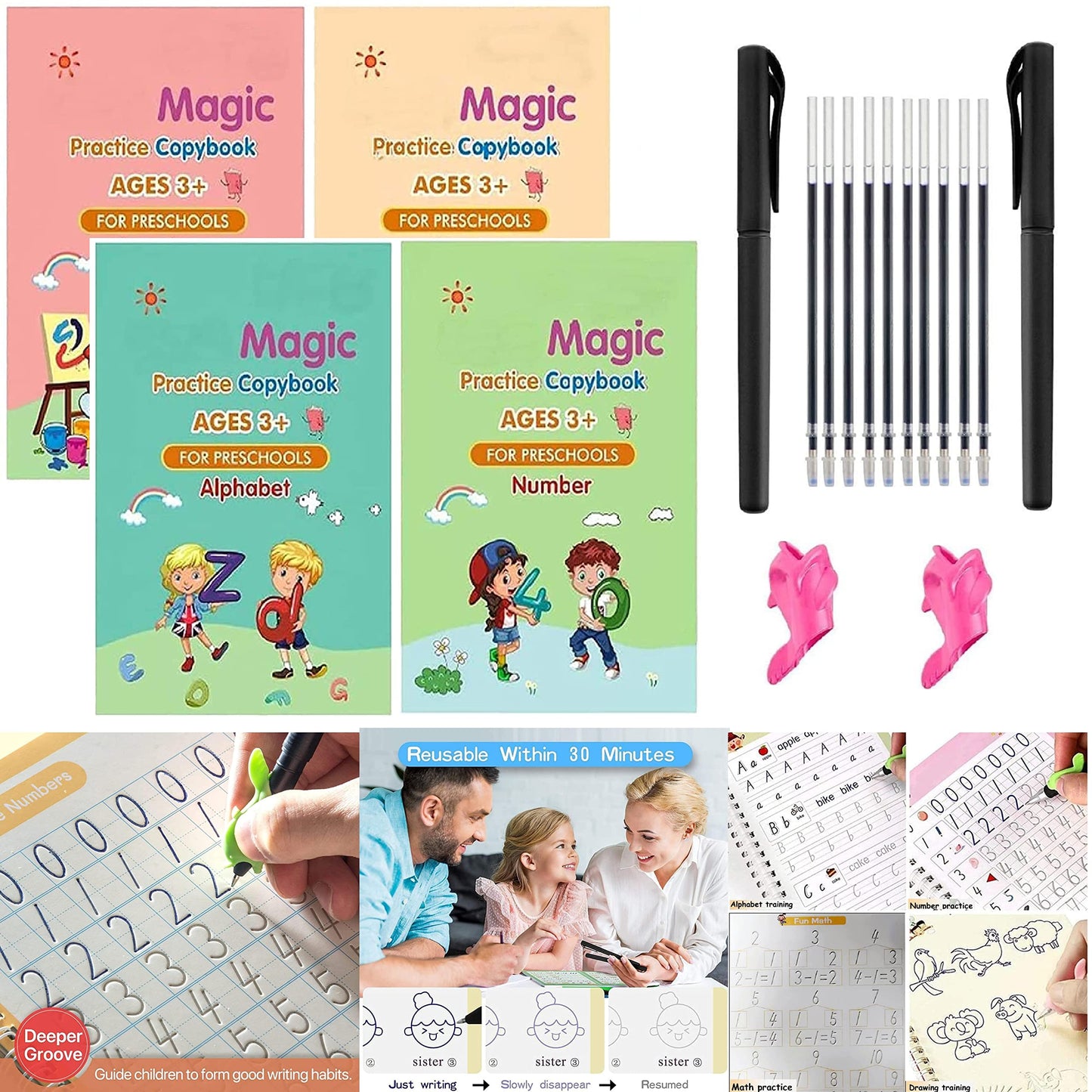 (Pack of 4) Preschools Magic Practice Workbook - Copybook for Kids, Children Reusable Handwriting Practice Copy Books for Letter Writing