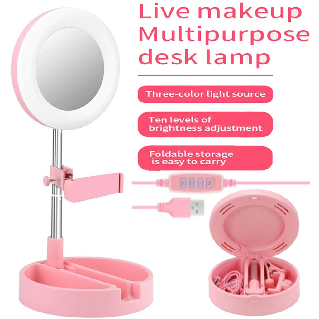 LED Light Adjustable Folding Makeup Mirror with Mobile Holder