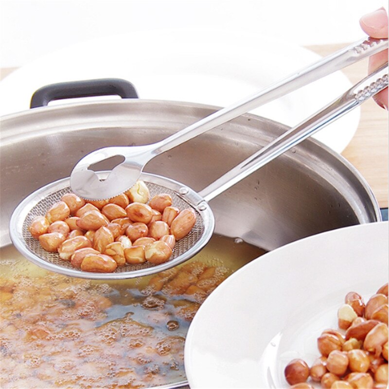 Multi-functional 2 in 1 Fry Tool Filter Spoon Strainer With Clip, Oil Frying BBQ Filter Stainless Steel Mesh Strainer