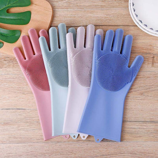 2 Pair (4PCS) Magic Dish washing Gloves with scrubber, Silicone Cleaning Reusable Scrub Gloves for Wash Dish - REVEL.PK