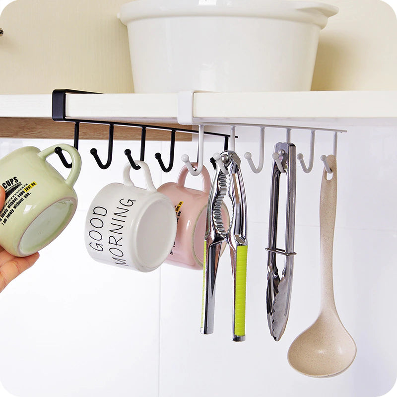 (Pack of 2) 6 Hooks Metal hanger, Storage Shelf Wardrobe Cabinet Metal Under Shelves Mug Cup Hanger Kitchen Organizer Rack Holder - REVEL.PK