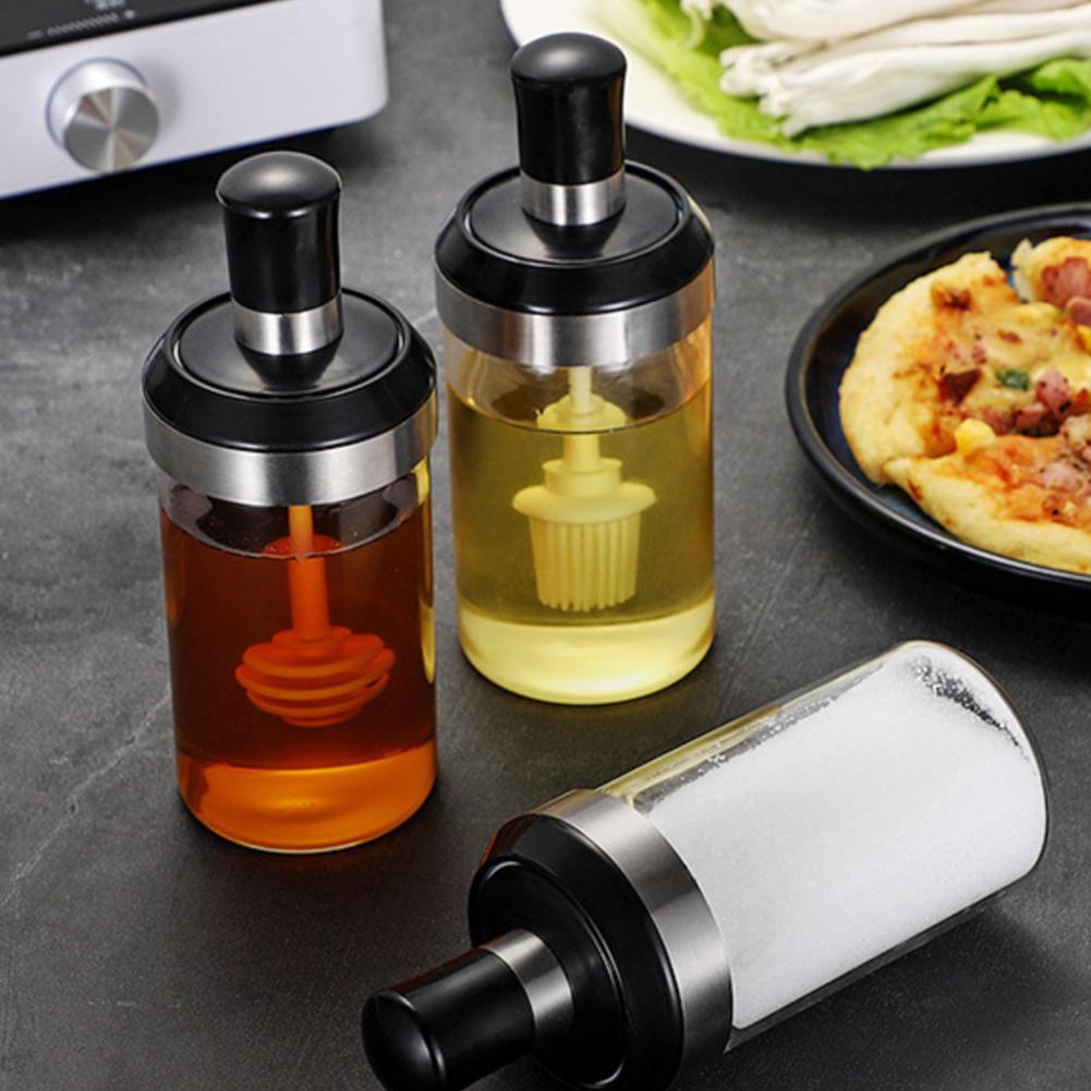 Pack of 3 Glass Seasoning Tank Kitchen Spice Kit Bottles Pepper Spoon Seasoning Jars Brush Honey Container Food Storage Container