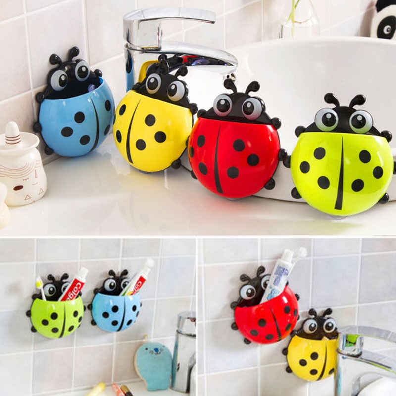 (Pack of 3) Ladybug Wall Toothbrush Holder Storage Toiletries Toothpaste Holders Tooth Brush Container Sticker to Stick (Random Color) - REVEL.PK