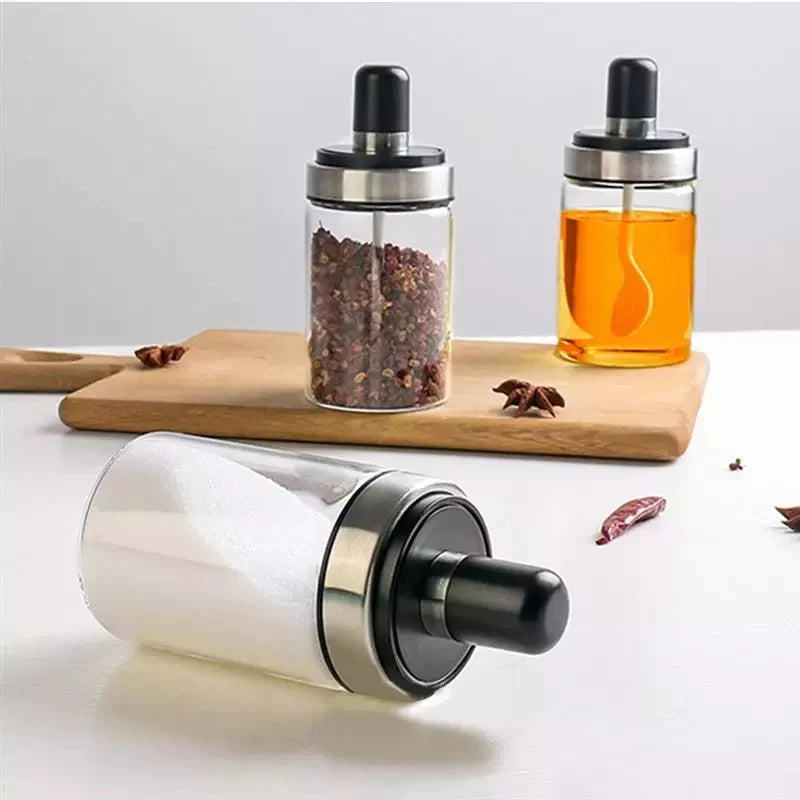 250ml Kitchen Condiment Jar  Glass Seasoning Bottle With Spoon - REVEL.PK