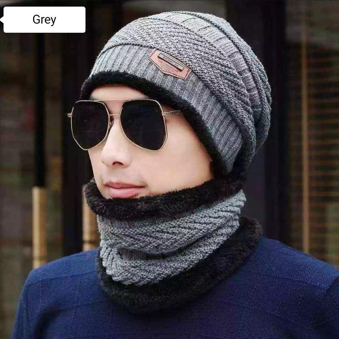 Winter Warm Cap With Neck Warmer Set – Wool Fleece Fur Knitted Beanie For Men & Women - REVEL.PK