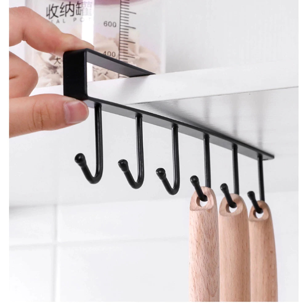 (Pack of 2) 6 Hooks Metal hanger, Storage Shelf Wardrobe Cabinet Metal Under Shelves Mug Cup Hanger Kitchen Organizer Rack Holder - REVEL.PK