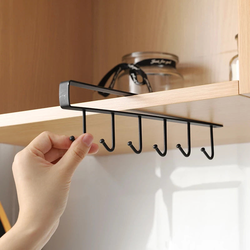 (Pack of 2) 6 Hooks Metal hanger, Storage Shelf Wardrobe Cabinet Metal Under Shelves Mug Cup Hanger Kitchen Organizer Rack Holder - REVEL.PK