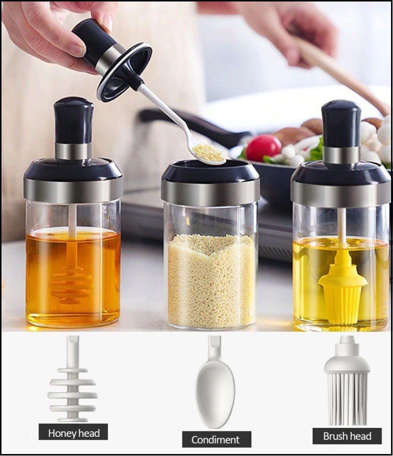 Pack of 3 Glass Seasoning Tank Kitchen Spice Kit Bottles Pepper Spoon Seasoning Jars Brush Honey Container Food Storage Container