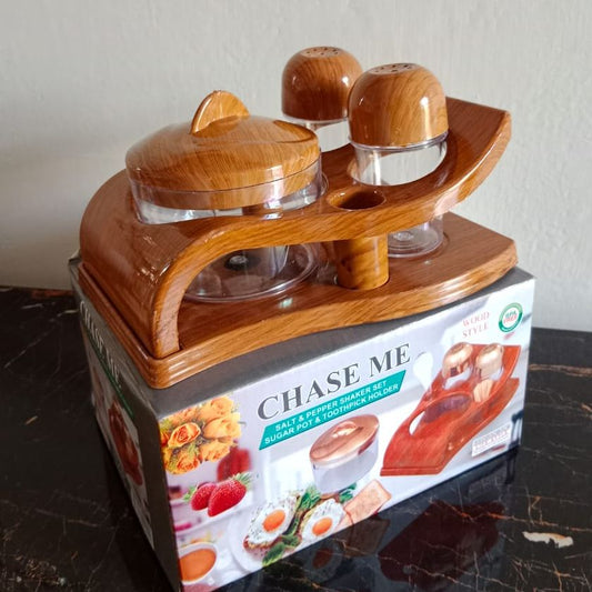 Chase me Salt and Pepper Shaker set Sugar Pot & Tooth Pick Holder Spice Pots Masalah Pots - REVEL.PK