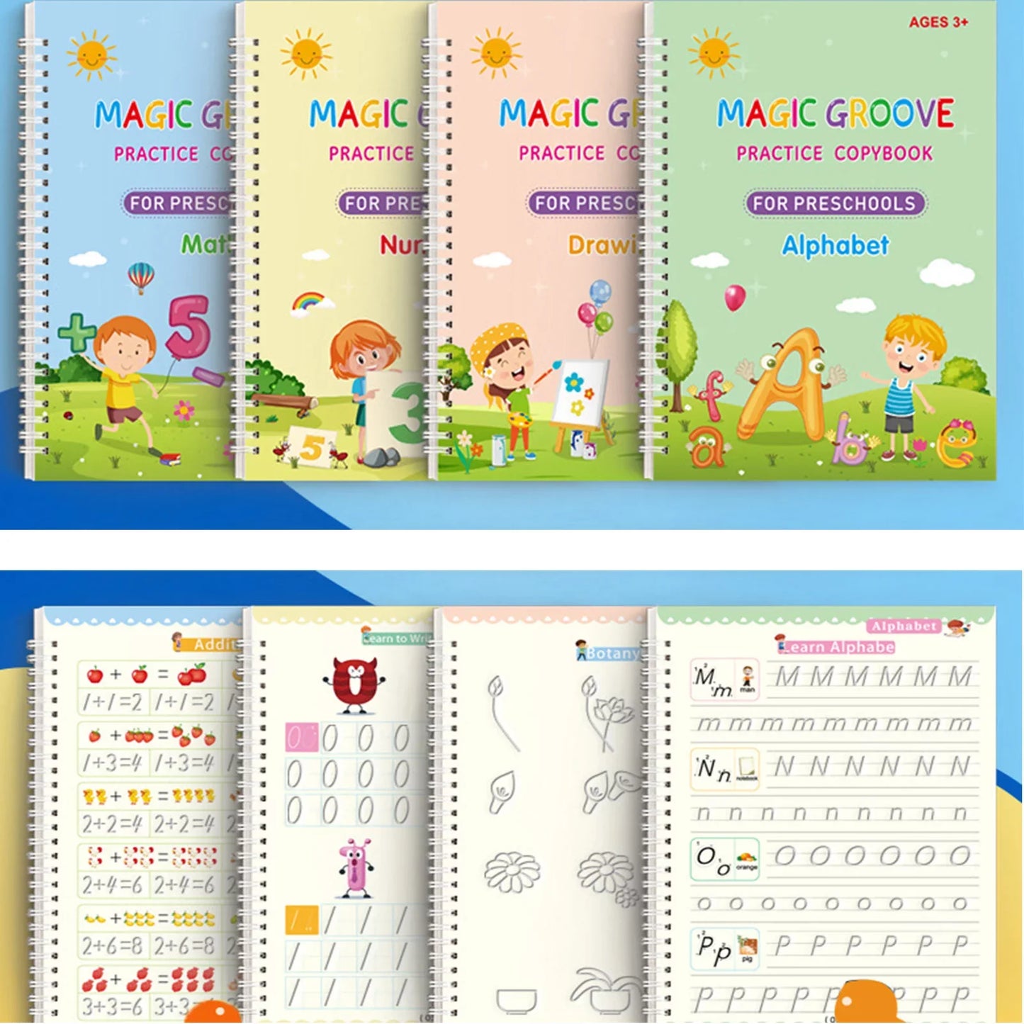 (Pack of 4) Preschools Magic Practice Workbook - Copybook for Kids, Children Reusable Handwriting Practice Copy Books for Letter Writing